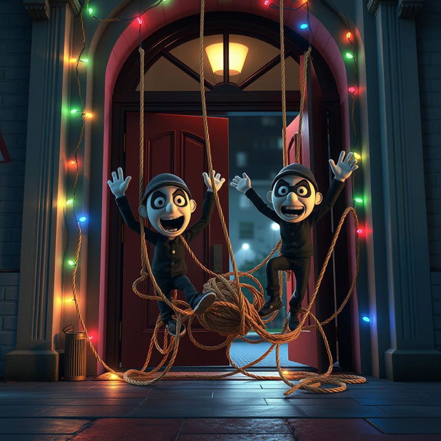 A humorous 3D animated scene set inside the entrance of a school at night, featuring two thieves who have just fallen into a tangled rope trap