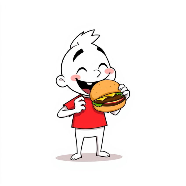 A cheerful white cartoon character wearing a vibrant red T-shirt, enthusiastically eating a delicious burger