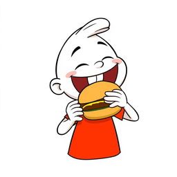 A cheerful white cartoon character wearing a vibrant red T-shirt, enthusiastically eating a delicious burger