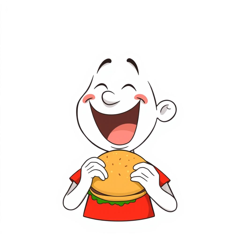 A cheerful white cartoon character wearing a vibrant red T-shirt, enthusiastically eating a delicious burger