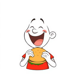 A cheerful white cartoon character wearing a vibrant red T-shirt, enthusiastically eating a delicious burger