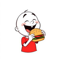 A cheerful white cartoon character wearing a vibrant red T-shirt, enthusiastically eating a delicious burger