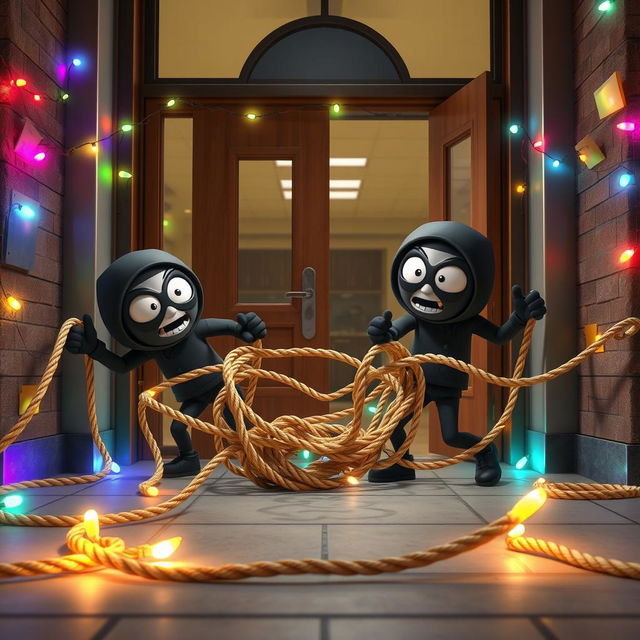 A comical 3D animated scene set inside the entrance of a modern school at night