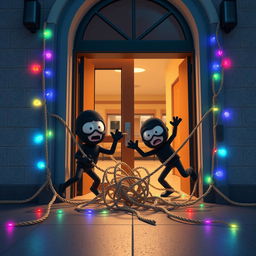 A comical 3D animated scene set inside the entrance of a modern school at night