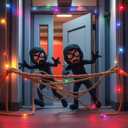A comical 3D animated scene set inside the entrance of a modern school at night