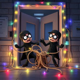 A comical 3D animated scene set inside the entrance of a modern school at night