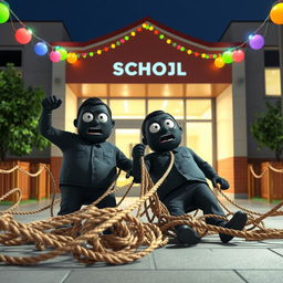 A humorous 3D animated scene featuring two large men, both wearing black masks, as they fall into a tangled rope trap at the entrance of a modern school during the night