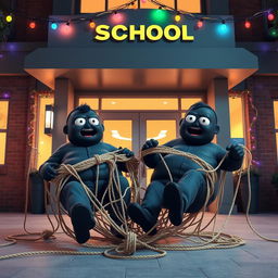 A humorous 3D animated scene featuring two large men, both wearing black masks, as they fall into a tangled rope trap at the entrance of a modern school during the night