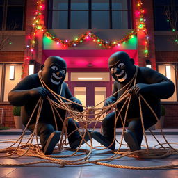 A humorous 3D animated scene featuring two large men, both wearing black masks, as they fall into a tangled rope trap at the entrance of a modern school during the night