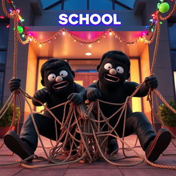 A humorous 3D animated scene featuring two large men, both wearing black masks, as they fall into a tangled rope trap at the entrance of a modern school during the night