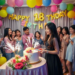A vibrant celebration scene featuring an 18th birthday surprise for a Korean girl