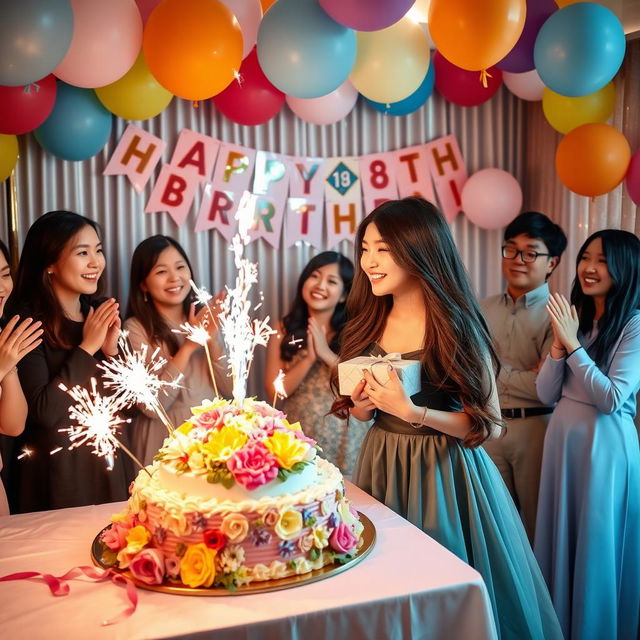 A vibrant celebration scene featuring an 18th birthday surprise for a Korean girl