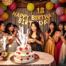 A vibrant celebration scene featuring an 18th birthday surprise for a Korean girl