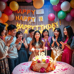 A vibrant celebration scene featuring an 18th birthday surprise for a Korean girl