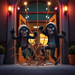 An original 3D animated scene depicting two masked men, presented as cartoonish thieves, falling into a tangled rope trap inside the entrance of a modern school at night