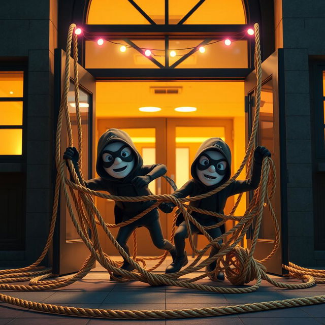 An original 3D animated scene depicting two masked men, presented as cartoonish thieves, falling into a tangled rope trap inside the entrance of a modern school at night