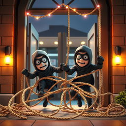 An original 3D animated scene depicting two masked men, presented as cartoonish thieves, falling into a tangled rope trap inside the entrance of a modern school at night