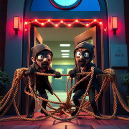 An original 3D animated scene depicting two masked men, presented as cartoonish thieves, falling into a tangled rope trap inside the entrance of a modern school at night