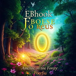 A vibrant and eye-catching eBook cover design featuring a mystical forest, with a glowing portal at the center, surrounded by lush green trees and colorful flowers
