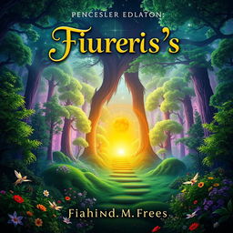 A vibrant and eye-catching eBook cover design featuring a mystical forest, with a glowing portal at the center, surrounded by lush green trees and colorful flowers