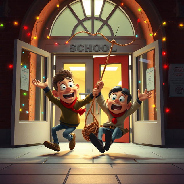 A lively 3D animated scene inspired by the slapstick style of the 'Home Alone' movie, featuring two comedic thieves falling to the ground after getting tangled in a rope trap inside the entrance of a modern school during the night