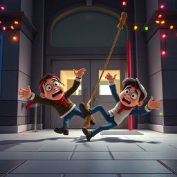 A lively 3D animated scene inspired by the slapstick style of the 'Home Alone' movie, featuring two comedic thieves falling to the ground after getting tangled in a rope trap inside the entrance of a modern school during the night