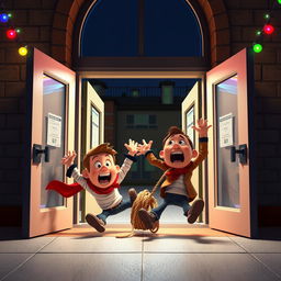 A lively 3D animated scene inspired by the slapstick style of the 'Home Alone' movie, featuring two comedic thieves falling to the ground after getting tangled in a rope trap inside the entrance of a modern school during the night