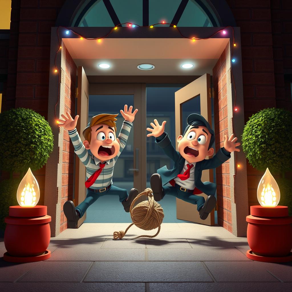 A lively 3D animated scene inspired by the slapstick style of the 'Home Alone' movie, featuring two comedic thieves falling to the ground after getting tangled in a rope trap inside the entrance of a modern school during the night