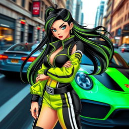 A human girl inspired by the Porsche GT3 RS, striking a confident pose in a stylish urban setting