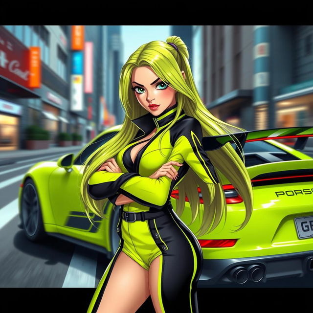 A human girl inspired by the Porsche GT3 RS, striking a confident pose in a stylish urban setting