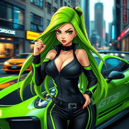 A human girl inspired by the Porsche GT3 RS, striking a confident pose in a stylish urban setting