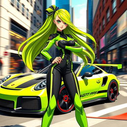 A human girl inspired by the Porsche GT3 RS, striking a confident pose in a stylish urban setting