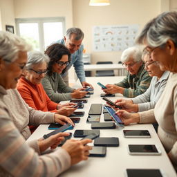 An educational scene depicting elderly individuals, specifically people over 60 years old, actively engaged in a smartphone training session