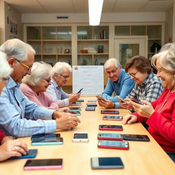 An educational scene depicting elderly individuals, specifically people over 60 years old, actively engaged in a smartphone training session