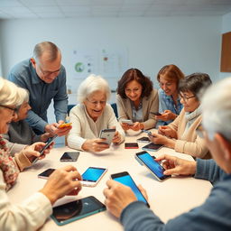 An educational scene depicting elderly individuals, specifically people over 60 years old, actively engaged in a smartphone training session