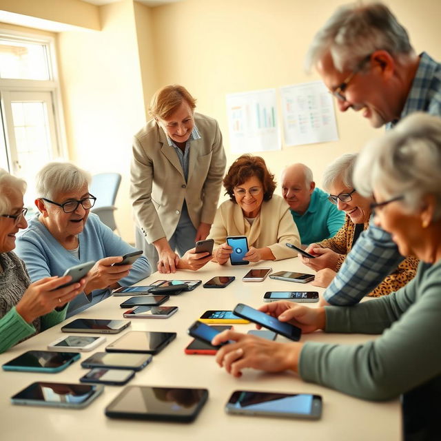 An educational scene depicting elderly individuals, specifically people over 60 years old, actively engaged in a smartphone training session