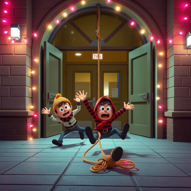 A whimsical 3D animated scene inspired by the classic slapstick style of the 'Home Alone' movie, showcasing two comical thieves falling to the ground after getting tangled in a rope trap inside the entrance of a modern school at night