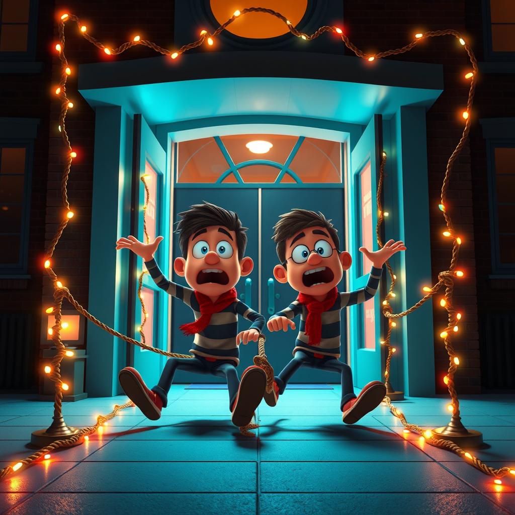 A whimsical 3D animated scene inspired by the classic slapstick style of the 'Home Alone' movie, showcasing two comical thieves falling to the ground after getting tangled in a rope trap inside the entrance of a modern school at night