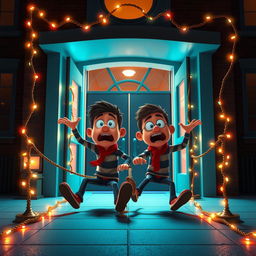 A whimsical 3D animated scene inspired by the classic slapstick style of the 'Home Alone' movie, showcasing two comical thieves falling to the ground after getting tangled in a rope trap inside the entrance of a modern school at night