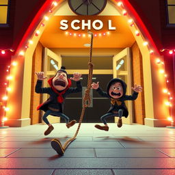A whimsical 3D animated scene inspired by the classic slapstick style of the 'Home Alone' movie, showcasing two comical thieves falling to the ground after getting tangled in a rope trap inside the entrance of a modern school at night