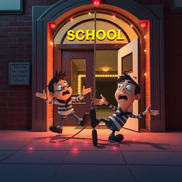 A whimsical 3D animated scene inspired by the classic slapstick style of the 'Home Alone' movie, showcasing two comical thieves falling to the ground after getting tangled in a rope trap inside the entrance of a modern school at night