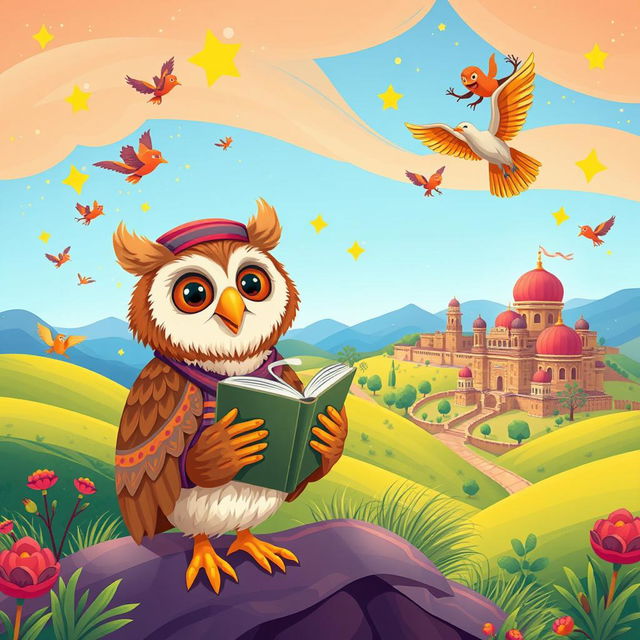 A whimsical and enchanting illustration for a children's Persian literature book cover, featuring a colorful and vibrant landscape inspired by Persian folklore