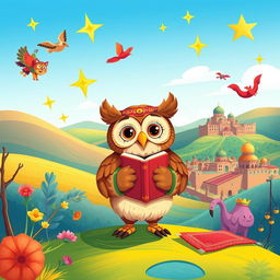 A whimsical and enchanting illustration for a children's Persian literature book cover, featuring a colorful and vibrant landscape inspired by Persian folklore
