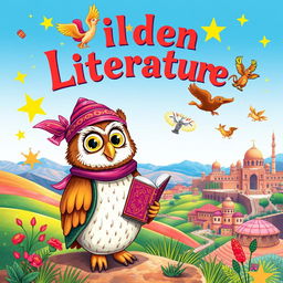 A whimsical and enchanting illustration for a children's Persian literature book cover, featuring a colorful and vibrant landscape inspired by Persian folklore