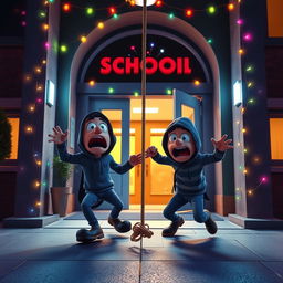 A vibrant 3D animated scene featuring two clumsy thieves comically falling to the ground after getting tangled in a rope inside the entrance of a modern school at night