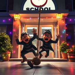 A vibrant 3D animated scene featuring two clumsy thieves comically falling to the ground after getting tangled in a rope inside the entrance of a modern school at night