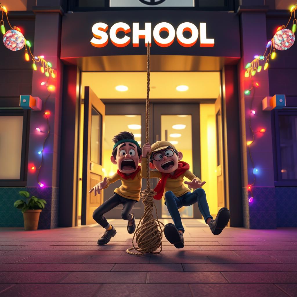 A vibrant 3D animated scene featuring two clumsy thieves comically falling to the ground after getting tangled in a rope inside the entrance of a modern school at night