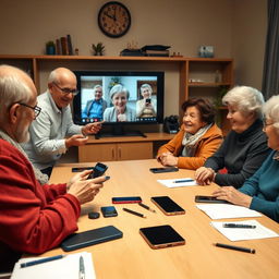 An engaging instruction scene focused on teaching people over 60 how to use smartphones