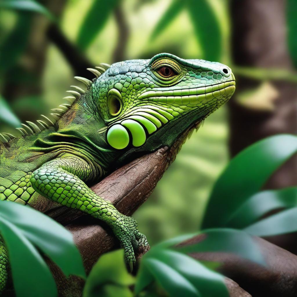 A high-quality, photo-realistic image of a lush forest, with a focus on an iguana resting on a tree branch