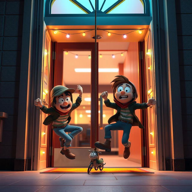 A fun and engaging 3D animated scene featuring two mischievous thieves comically falling to the ground after getting tangled in a rope that is tied on either side of the entrance door inside a modern school at night